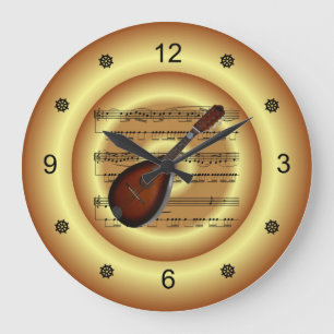 Mandolin ~ Sheet Music ~ Gold Background ~ Große Wanduhr