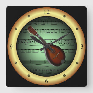 Mandolin ~ Sheet Music ~ Green/Gold Background ~ Quadratische Wanduhr