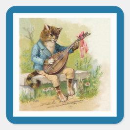 Mandolin-Spiel Cat in Shimmering Sky Blue Jacket Quadratischer Aufkleber