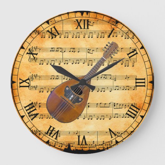 Mandoline ~ Vintage Notenmusik Hintergrund ~ einzi Große Wanduhr (Vorderseite)