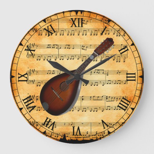 Mandoline ~ Vintage Notenmusik Hintergrund ~ einzi Große Wanduhr (Vorderseite)