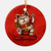 Maneki-neko Beckoning Katze auf rot Keramik Ornament (Vorne)