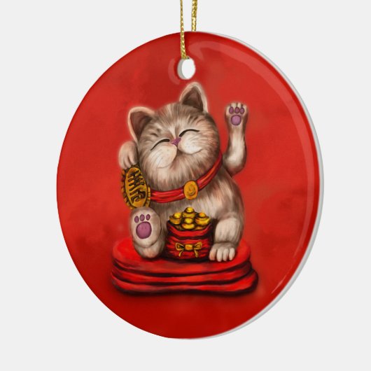 Maneki-neko Beckoning Katze auf rot Keramik Ornament (Links)