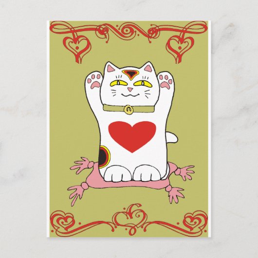 Maneki Neko Calico Katze mit Herz Postkarte (Vorderseite)