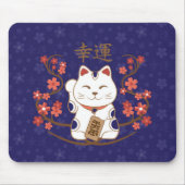 Maneki-neko cat with good luck kanji mousepad (Vorne)