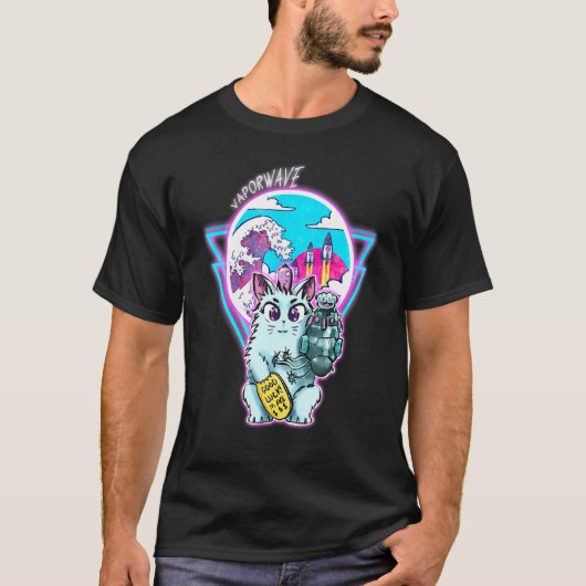 Maneki-Neko Cyberpunk-Katze mit Vapor Wave Style T-Shirt (Vorderseite)