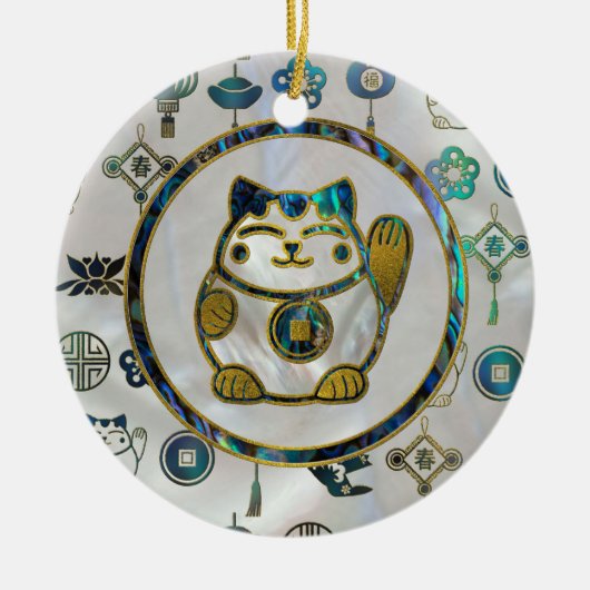 Maneki Neko glückliche Katze auf Perle und Keramikornament (Vorne)