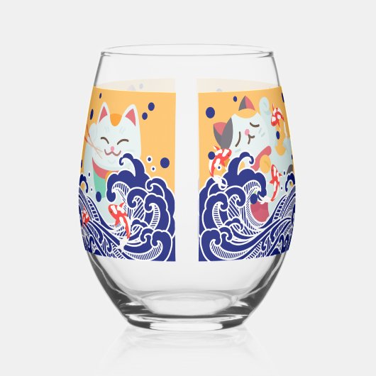 MANEKI NEKO glückliche Katze Stemless Wine Glass Weinglas Ohne Stiel (Rückseite)