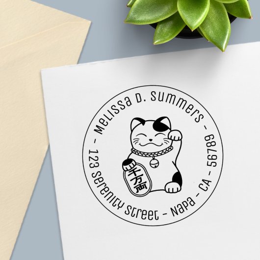 Maneki Neko Japanese Lucky Cat Round Address Permastempel