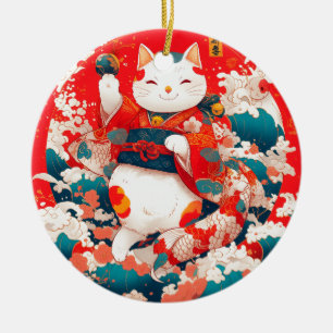 Maneki-Neko, Japanischer Lucky Cat Keramik Ornament