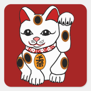 Maneki Neko Katze auf rotem Hintergrund Quadratischer Aufkleber