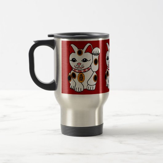 Maneki Neko Katze auf rotem Hintergrund Reisebecher (Links)