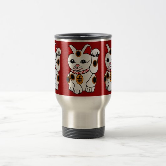 Maneki Neko Katze auf rotem Hintergrund Reisebecher (Mittel)