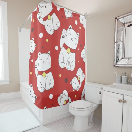 Maneki-Neko Katze, japanisches Doodle-Muster. Duschvorhang (Beispiel)