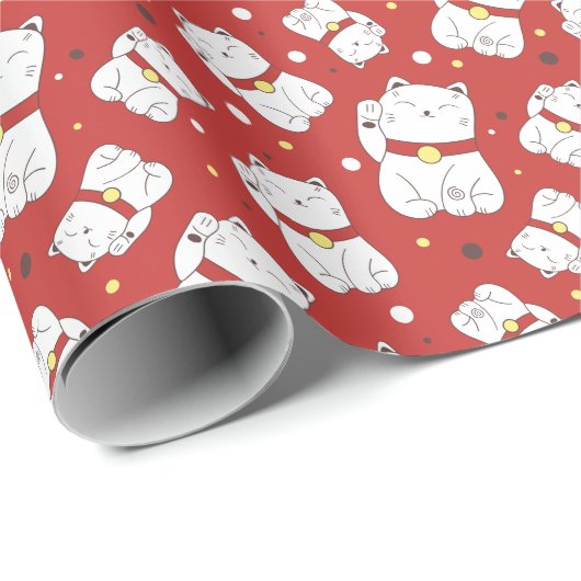 Maneki-Neko Katze, japanisches Doodle-Muster. Geschenkpapier (Rolleneckpunkt)
