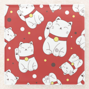 Maneki-Neko Katze, japanisches Doodle-Muster. Glasuntersetzer