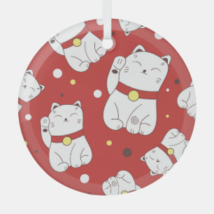 Maneki-Neko Katze, japanisches Doodle-Muster. Ornament Aus Glas