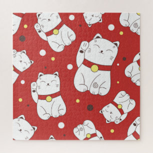 Maneki-Neko Katze, japanisches Doodle-Muster. Puzzle