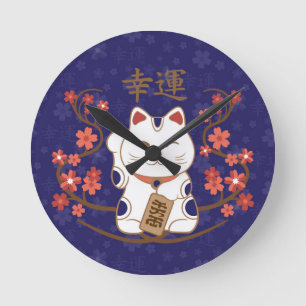 Maneki-neko Katze mit viel Glück-Kanji Runde Wanduhr