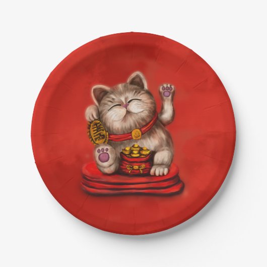 Maneki-neko Katzensprung auf Rot Pappteller (Vorderseite)