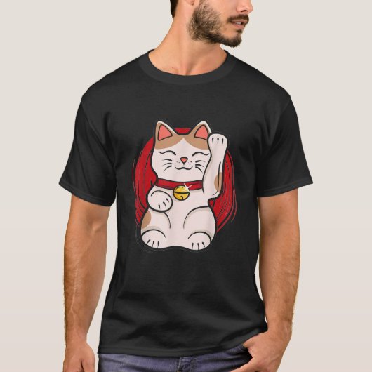 Maneki Neko Lucky Cat Statue Waving Japanese Style T-Shirt (Vorderseite)