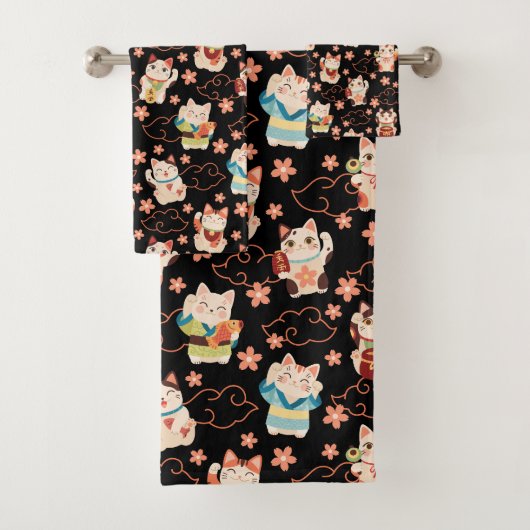 Maneki Neko Lucky Cats Bath Towel Set (Insitu)