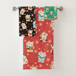 Maneki Neko Lucky Cats Bath Towel Set