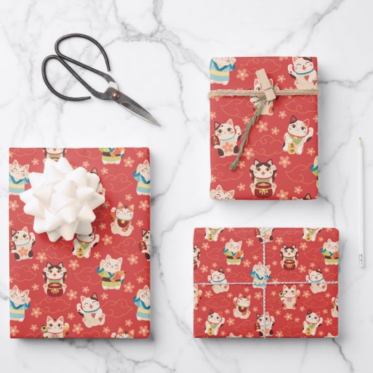 Maneki Neko Lucky Cats Geschenkpapier-Set Geschenkpapier Set (Vorderseite)