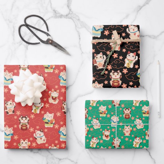 Maneki Neko Lucky Cats Wrapping Paper Set Geschenkpapier Set (Vorderseite)