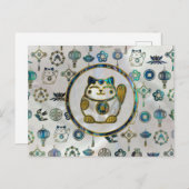 Maneki Neko Lucky Katze auf Perle und Abalone Postkarte (Vorne/Hinten)