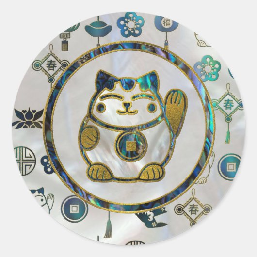 Maneki Neko Lucky Katze auf Perle und Abalone Runder Aufkleber (Vorderseite)