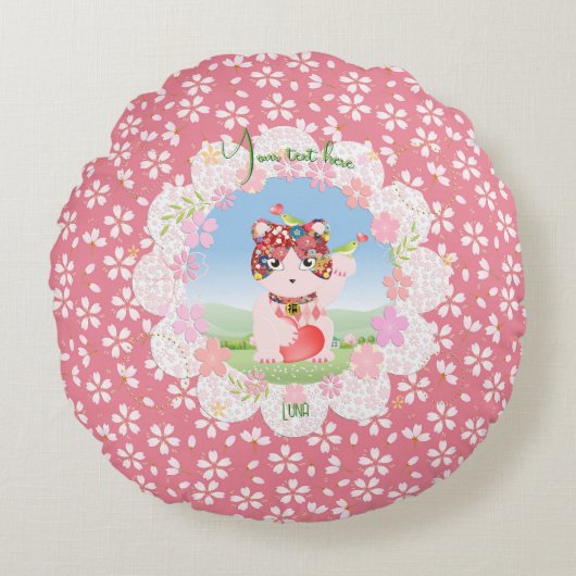 Maneki Neko Lucky Luna Rundes Kissen (Vorderseite)