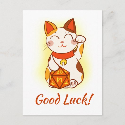 Maneki Neko mit D20 RPG Dice Viel Glück Postkarte (Vorderseite)