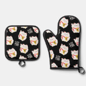 Maneki Neko Niedlich Lucky Cat Ofenhandschuh & Topflappen-Set (Vorderseite)