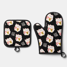 Maneki Neko Niedlich Lucky Cat Ofenhandschuh & Topflappen-Set