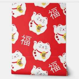 Maneki Neko Niedlich Lucky Cat Symbol auf Rot Tapete