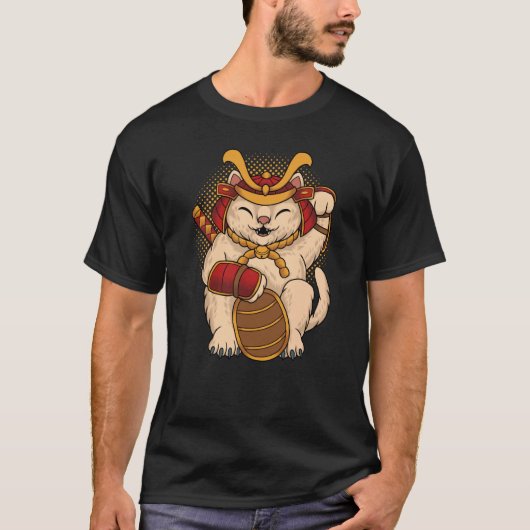 Maneki Neko Samurai Japanese Lucky Cat Lucky Money T-Shirt (Vorderseite)
