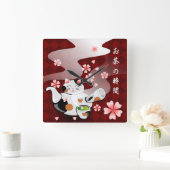 Maneki Neko Teekanne-Zeit für Teeuhr! Quadratische Wanduhr (Zuhause)