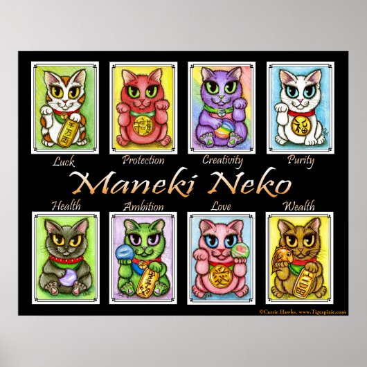 Maneki Neko Viel Glück Cats Fantasy Cat Art Poster (Vorne)