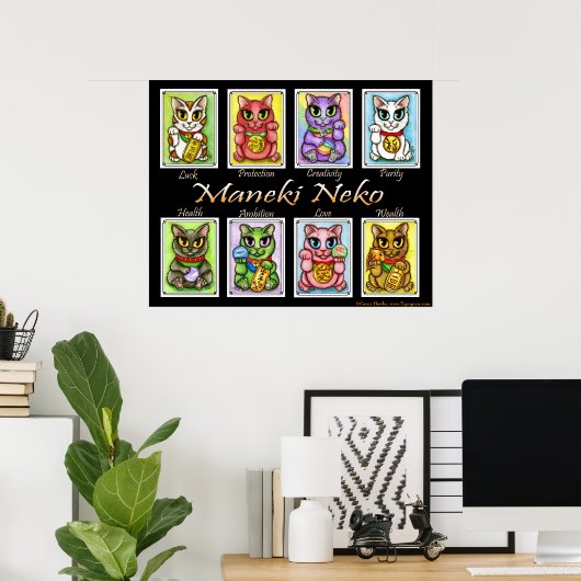 Maneki Neko Viel Glück Cats Fantasy Cat Art Poster (Heimbüro)