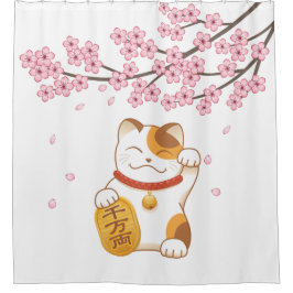 Manekineko Japanese Lucky Cat Cherry Blossom Duschvorhang