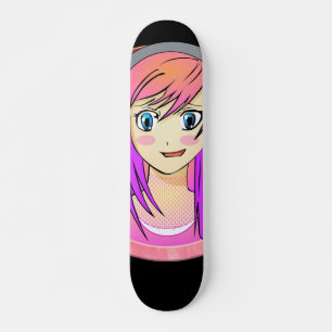 Manga Girl, rosa Haare, blaue Augen, Blütenrahme Skateboard