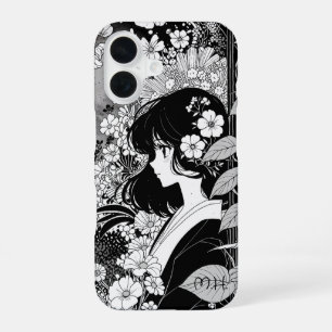 Manga Mädchen Floral Schwarz Weiß Monogramm Benutz iPhone 16 Hülle