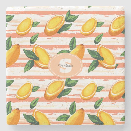 Mango Fruit Muster mit grünen Blätter Steinuntersetzer (Vorderseite)