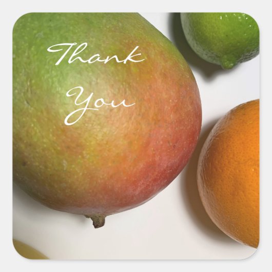 Mango und Zitrusfrucht Danke Quadratischer Aufkleber (Vorderseite)