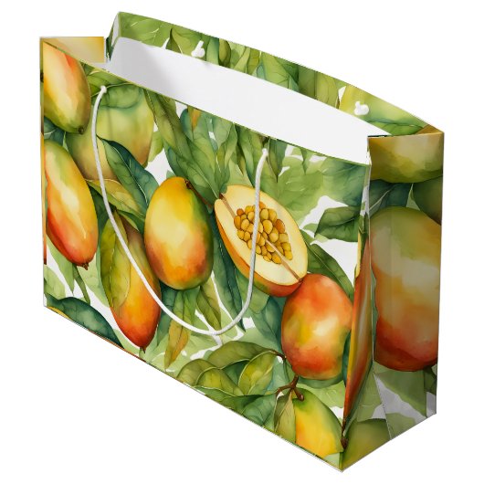 Mangofrüchte und Blätter Große Geschenktüte (Rückseite Schrägansicht)