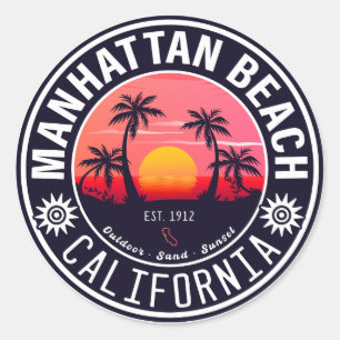 Manhattan Beach Kalifornien Retro-Sonnenuntergang- Runder Aufkleber