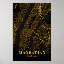Manhattan City Map Gold NYC Urban Street Map USA