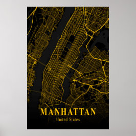 Manhattan City Map Gold NYC Urban Street Map USA Poster
