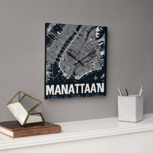 Manhattan Map Illustration Quadratische Wanduhr